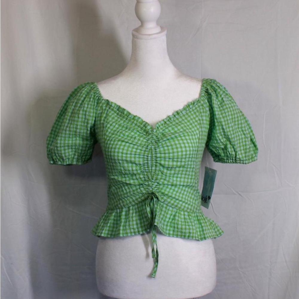 Green Gingham Ruched Peplum Top